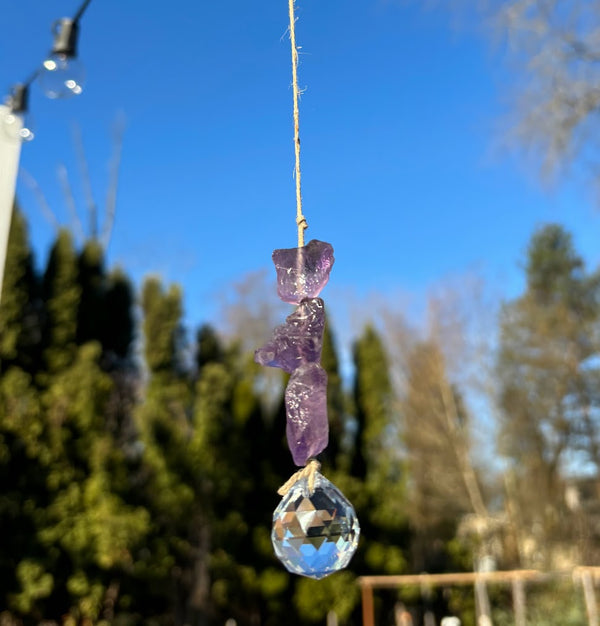 Amethyst Raw Crystal Sun catcher handmade side