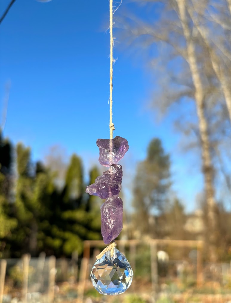 Amethyst Raw Crystal Sun catcher handmade close up