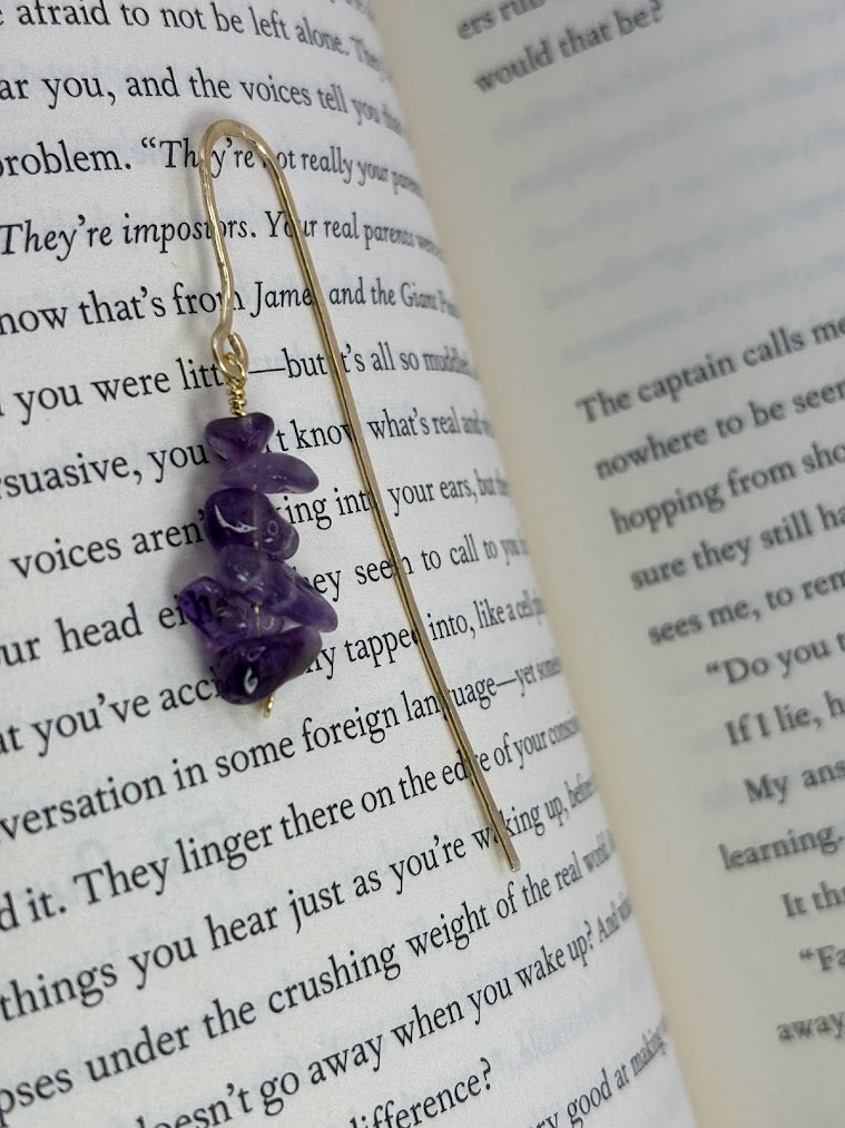 Amethyst Crystal Bookmark with hand hammered Brass Metal 