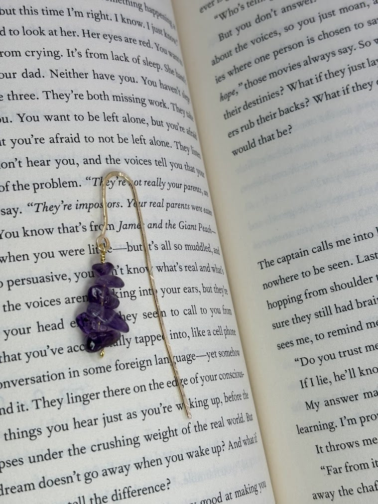 Amethyst Crystal Bookmark with hand hammered Brass Metal 