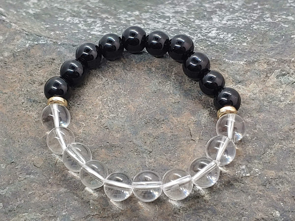 April birthstone crystal bracelet with Clear Quartz and Obsidian Top