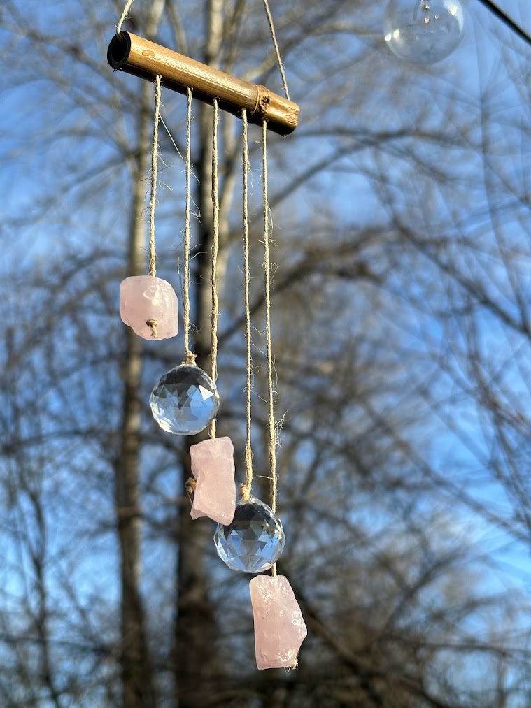 Asymmetrical Rose Quartz Raw Crystal Sun Catcher Close up