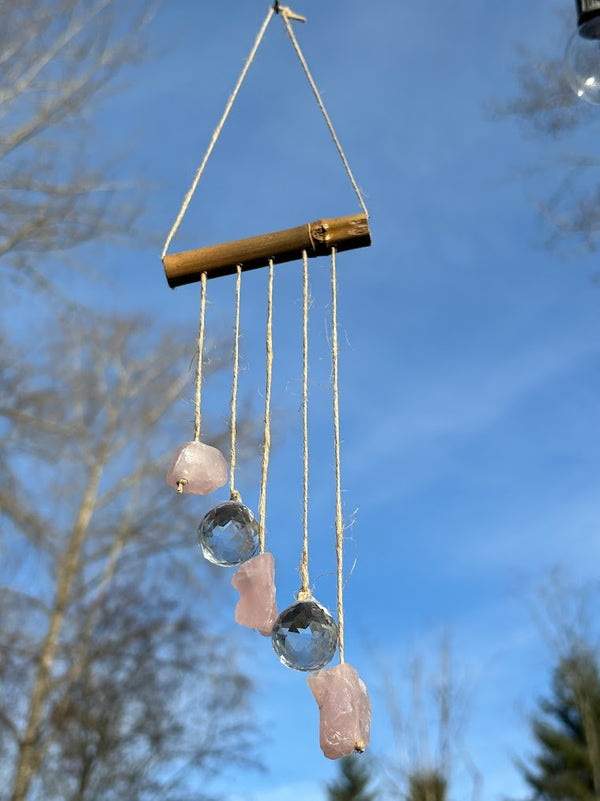 Asymmetrical Rose Quartz Raw Crystal Sun Catcher From bottom