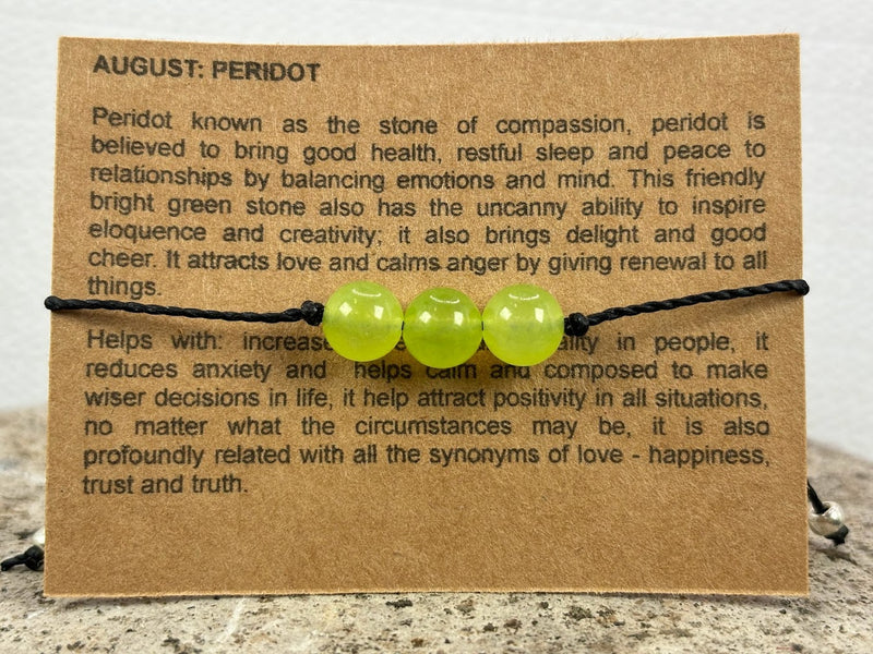 August Birthstone with Adjustable Wax Cord Bracelet