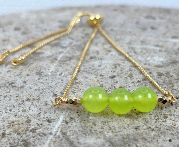 August Adjustable Slider Bracelet with Peridot Crystal  Close Up