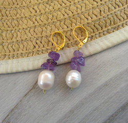 handcrafted baroque pearl earrings with Crystal Chips Amethyst