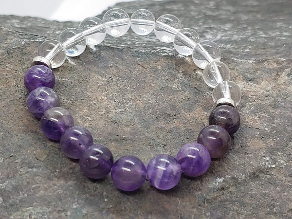 February birthstone crystal bracelet with Amethyst and Clear Quartz Top