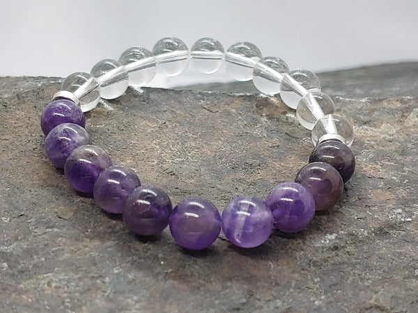 February birthstone crystal bracelet with Amethyst and Clear Quartz