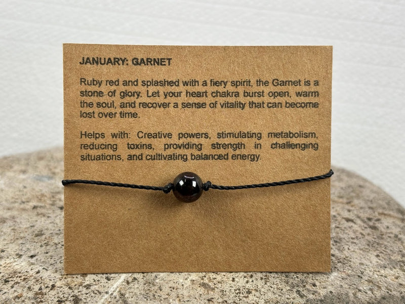 January birthstone crystal adjustable wax cord bracelet with Garnet 1 bead with card