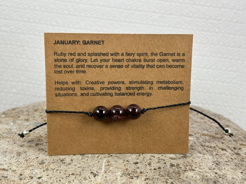 January birthstone crystal adjustable wax cord bracelet with Garnet 3 beads