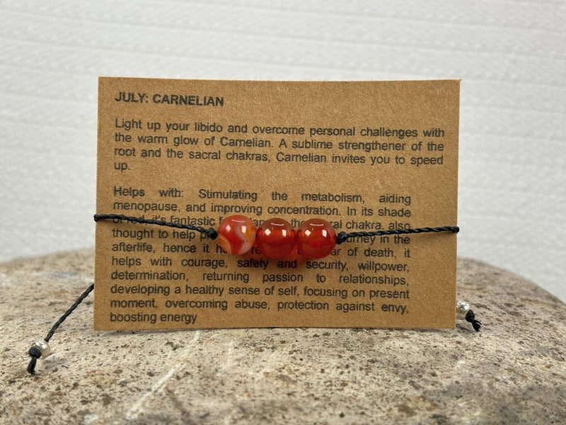 July Birthstone with Adjustable Wax Cord Bracelet with Carnelian 3 beads