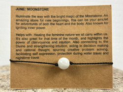 Birthstone Crystal for June with Moonstone Adjustable Wax Bracelet 1 bead Card