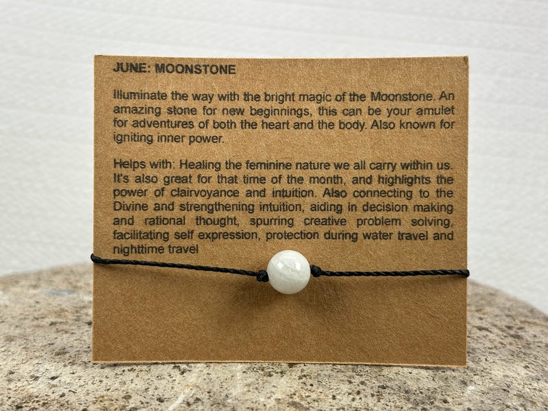 Birthstone Crystal for June with Moonstone Adjustable Wax Bracelet 1 bead Card Out