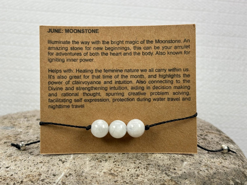 Birthstone Crystal for June with Moonstone Adjustable Wax Bracelet with Card