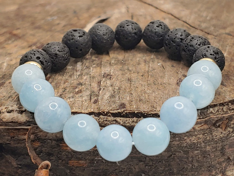 March birthstone crystal bracelet with Aquamarine and Lava Stone Front