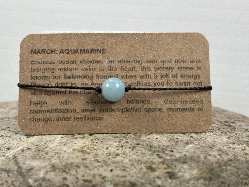 March birthstone crystal adjustable wax cord bracelet with Aquamarine 1 bead with card