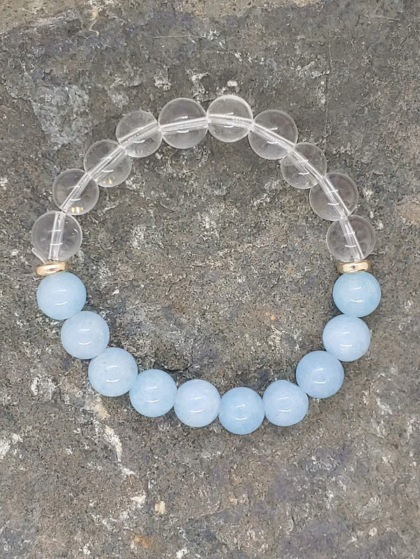 March birthstone crystal bracelet with Aquamarine and Clear Quartz Top