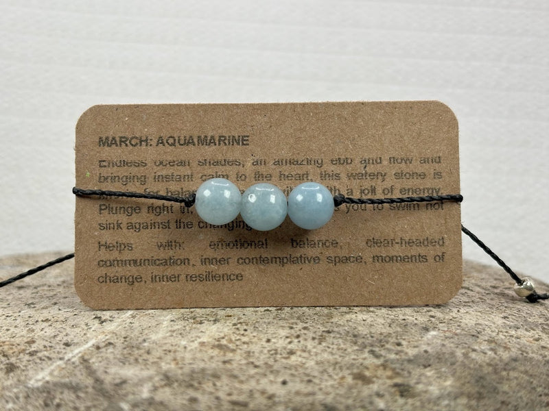 March birthstone crystal adjustable wax cord bracelet with Aquamarine 3 bead