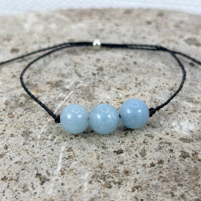 March birthstone crystal adjustable wax cord bracelet with Aquamarine Front