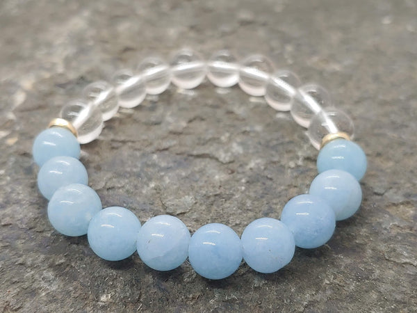 March birthstone crystal bracelet with Aquamarine and Clear Quartz Front