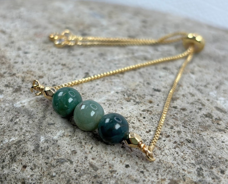 May Birthstone with Moss Agate Crystal with Adjustable Slider Left