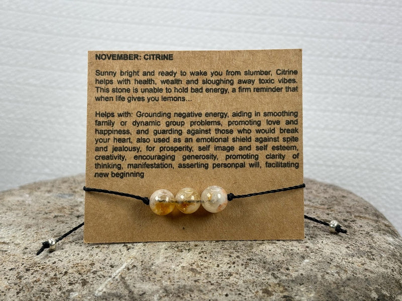 November birthstone crystal adjustable wax cord bracelet with Citrine 3 beads