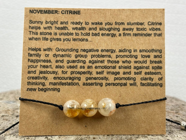 November birthstone crystal adjustable wax cord bracelet with Citrine