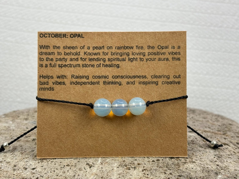 October birthstone crystal Adjustable Wax Cord bracelet with Opal Gemstone 3 beads