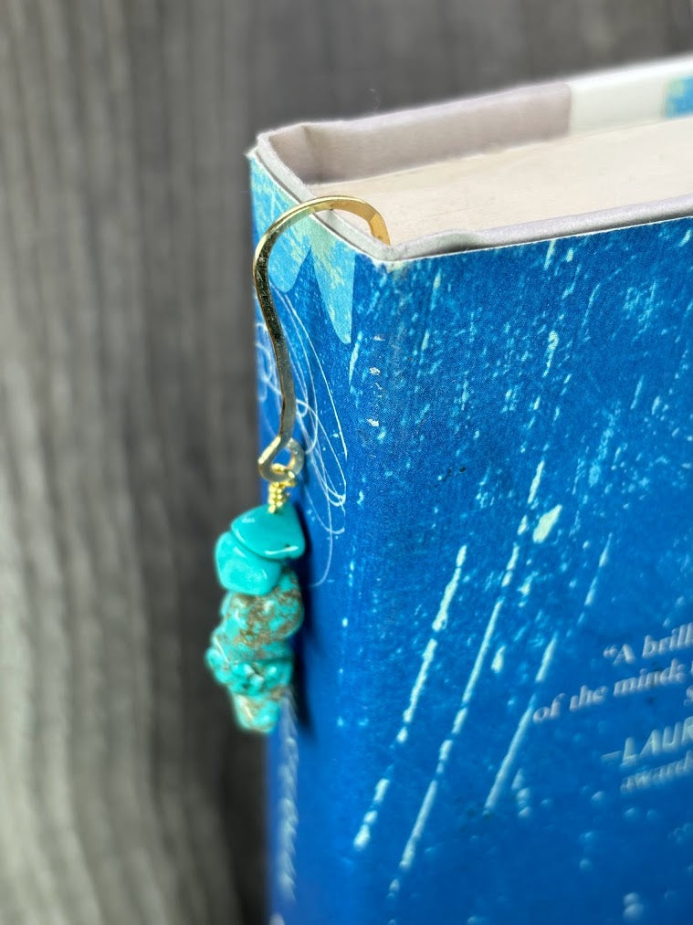 TurquoiseCrystal Bookmark with hand hammered Brass Metal with Book