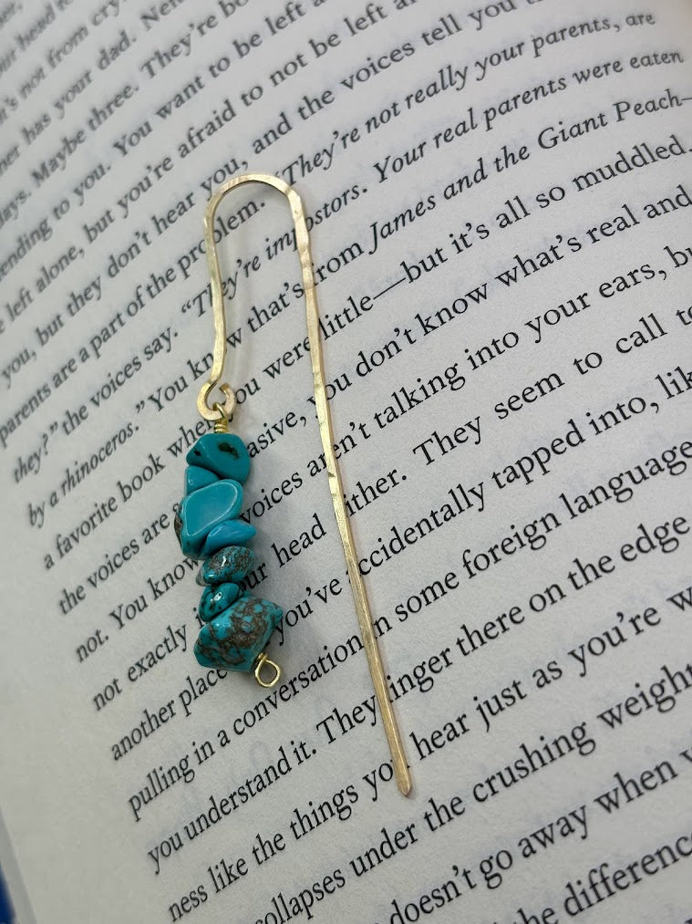 Turquoise Crystal Bookmark with hand hammered Brass Metal  Closer