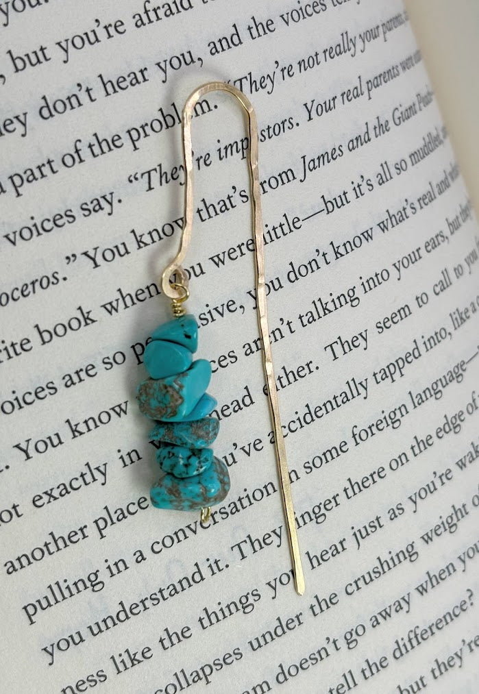 Turquoise Crystal Bookmark with hand hammered Brass Metal 