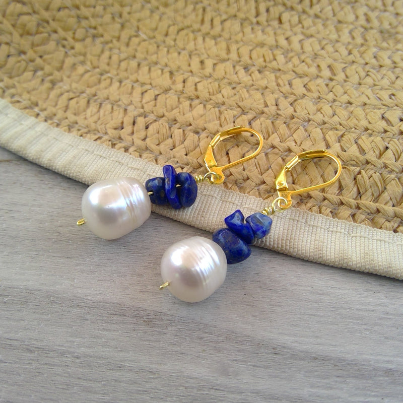 handcrafted baroque pearl earrings with Crystal Chips lapis lazuli