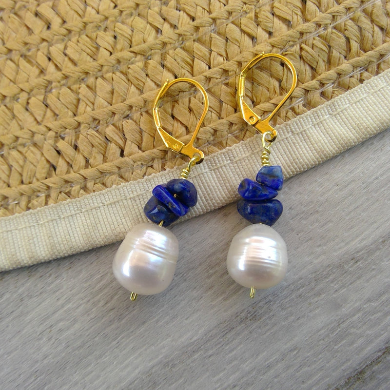 handcrafted baroque pearl earrings with Crystal Chips lapis lazuli