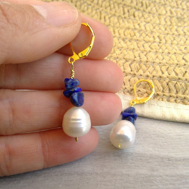 handcrafted baroque pearl earrings with Crystal Chips lapis lazuli Chips