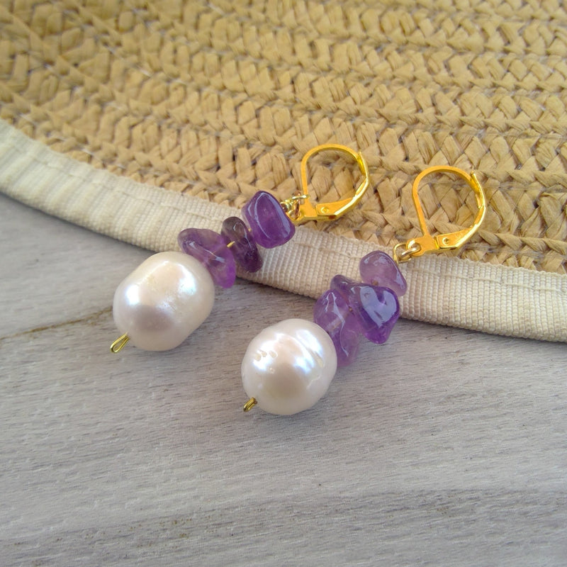 handcrafted baroque pearl earrings with Crystal Chips Amethyst Chips