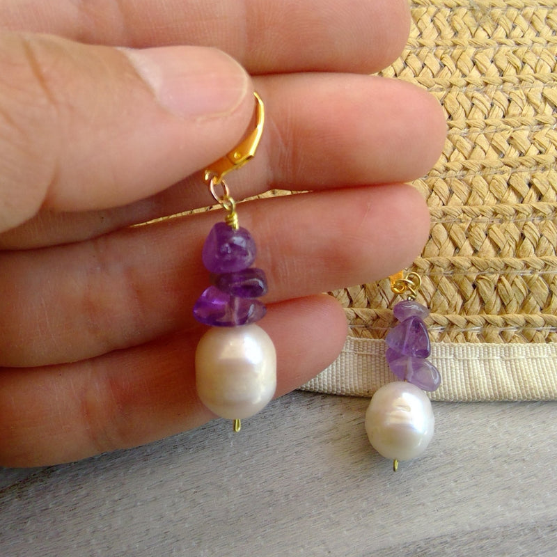 handcrafted baroque pearl earrings with Crystal Chips Amethyst 