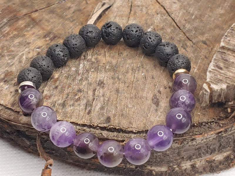 February birthstone crystal bracelet with Amethyst and Lava Stone Top