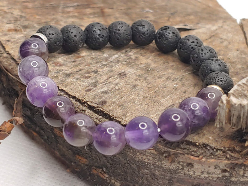 February birthstone crystal bracelet with Amethyst and Lava Stone