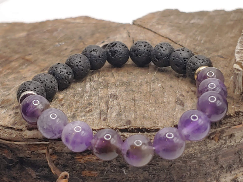 February birthstone crystal bracelet with Amethyst and Lava Stone