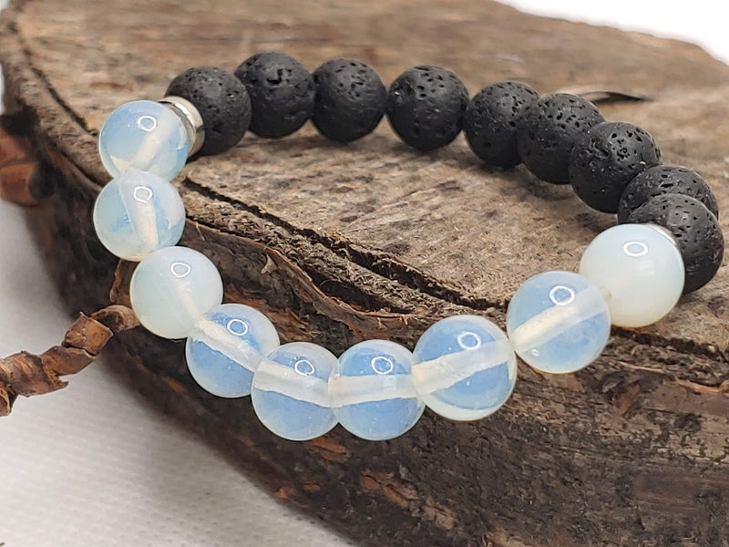 October birthstone crystal bracelet with Opal Gemstone and Lava Stone Side