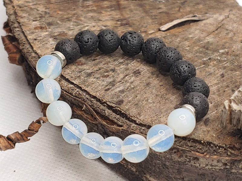 October birthstone crystal bracelet with Opal Gemstone and Lava Stone Top