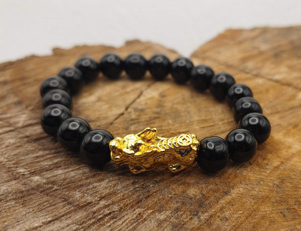 Onyx Pixiu Bracelet with 24K Gold Plated Piyao Dragon Zoom