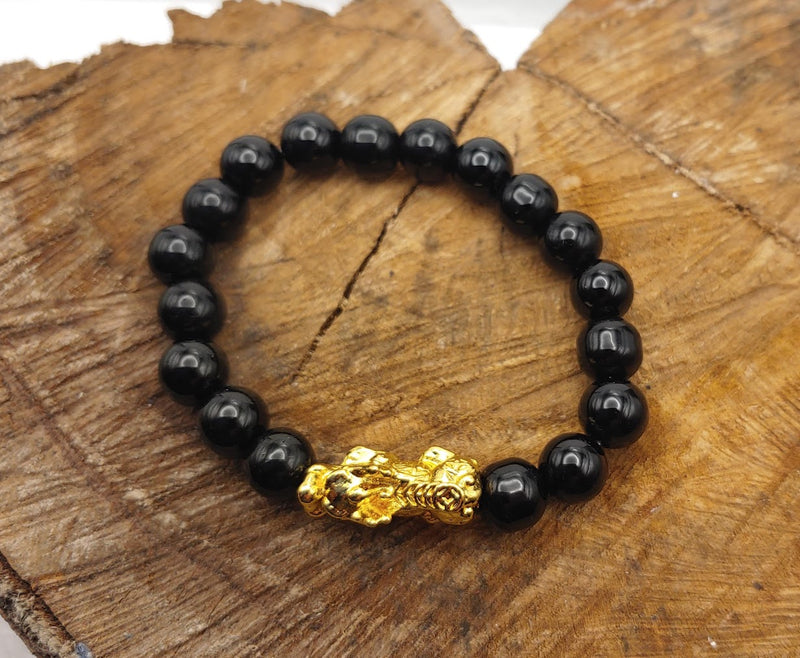 Onyx Pixiu Bracelet with 24K Gold Plated Piyao Dragon Top