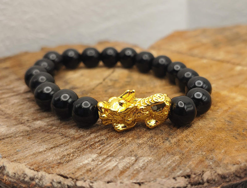 Onyx Pixiu Bracelet with 24K Gold Plated Piyao Dragon Side