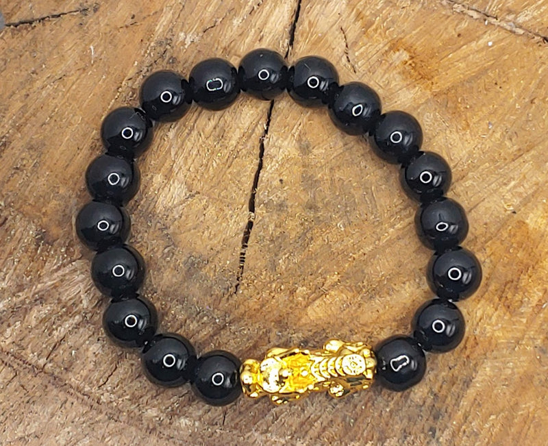 Onyx Pixiu Bracelet with 24K Gold Plated Piyao Dragon Top