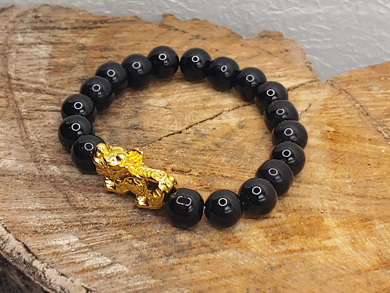 Onyx Pixiu Bracelet with 24K Gold Plated Piyao Dragon Left