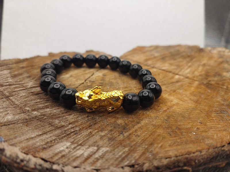 Onyx Pixiu Bracelet with 24K Gold Plated Piyao Dragon  Front