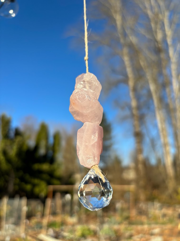 Rose Quartz Raw Crystal Sun Catcher Close Up