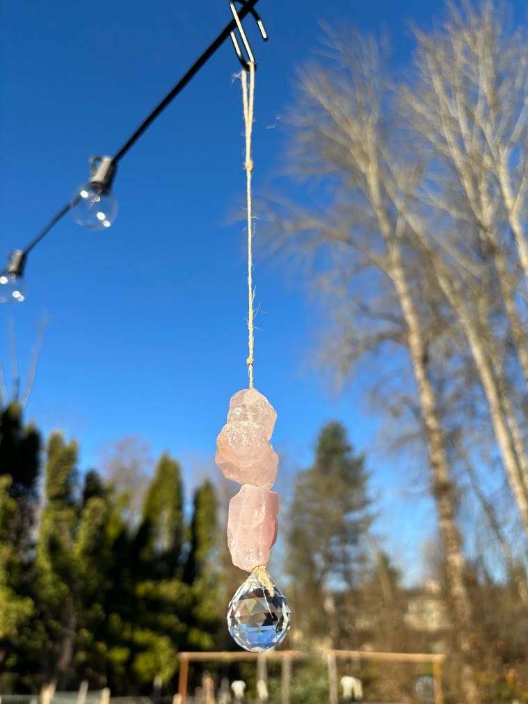 Rose Quartz Raw Crystal Sun Catcher Long